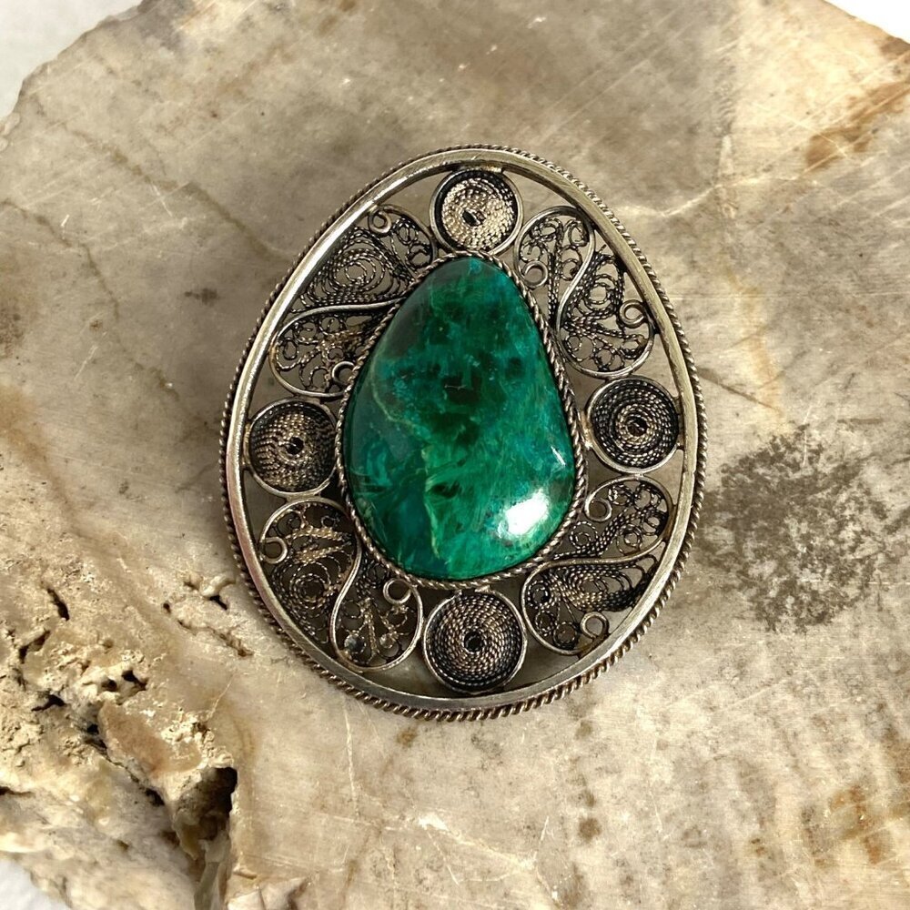 VTG Sterling Silver 925 Teardrop Spun Silver Filigree Eilat Stone Pendant Brooch
